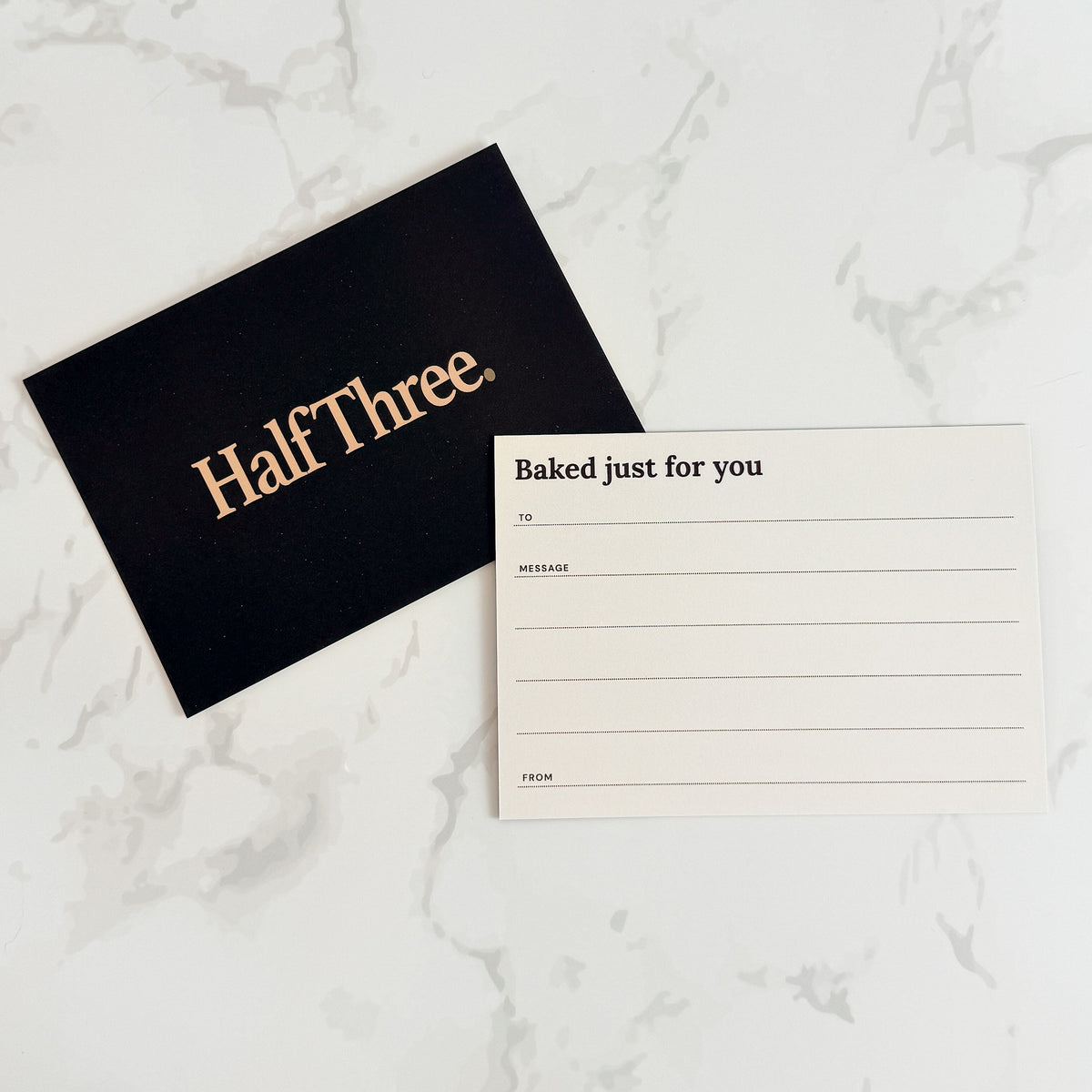 Half Three gift message card in dark brown and cream