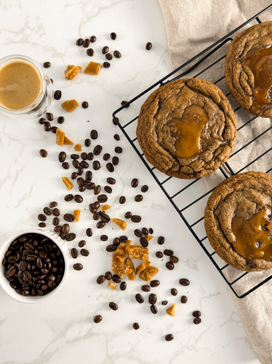 Half Three espresso toffee cookie with a pool of melted toffee on top