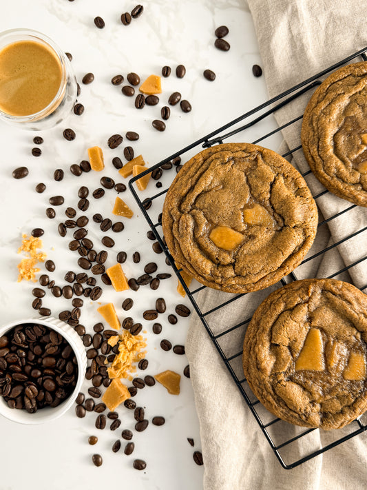 Half Three espresso toffee cookie with roasted coffee beans and pieces of crunchy toffee