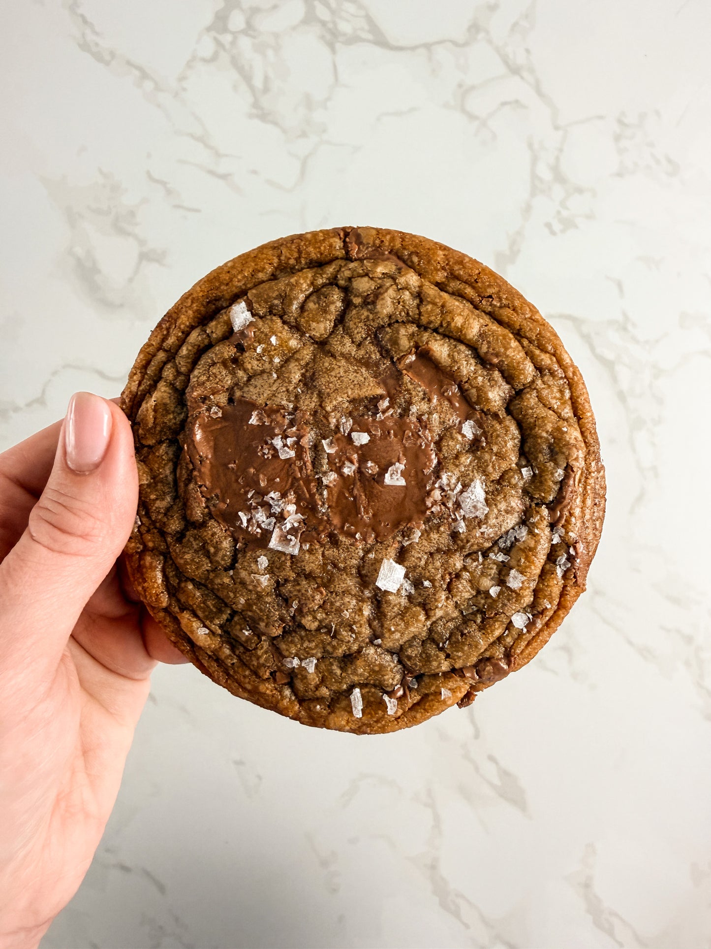 Hand holding a Half Three milk chocolate and sea salt cookie
