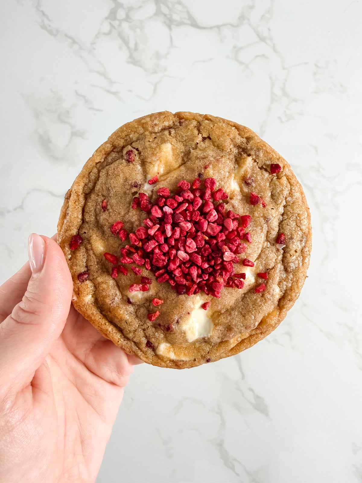 Hand holding a Half Three white chocolate and raspberry cookie with visible freeze-dried raspberries
