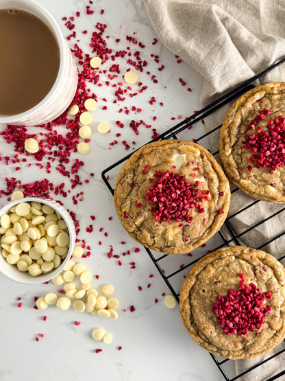 Half Three white chocolate and raspberry cookie with white chocolate callets and freeze-dried raspberries